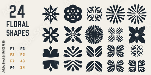Collection of abstract floral shapes and number twenty four presented stylishly