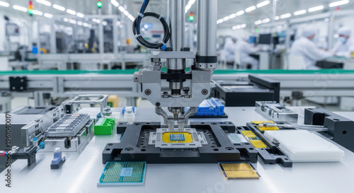 Close-up of electronic components on a workbench in a high-tech manufacturing facility