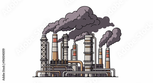 Industrial complex with smokestacks emitting dark clouds of pollution