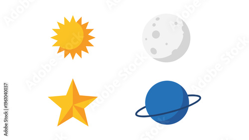 Celestial bodies including the sun, moon, star, and planet depicted in simple graphics