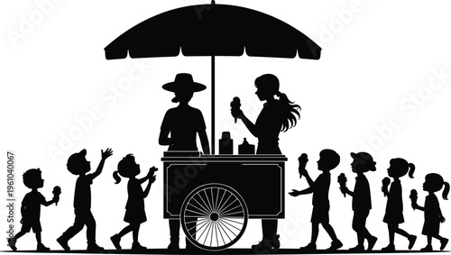 Ice cream cart silhouettes with vendor and children buying treats isolated on white background, summer, street food, happy lifestyle concept