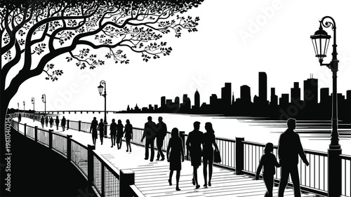 City waterfront promenade silhouettes with people walking along river and skyline background, urban lifestyle, evening scene, park, outdoor leisure