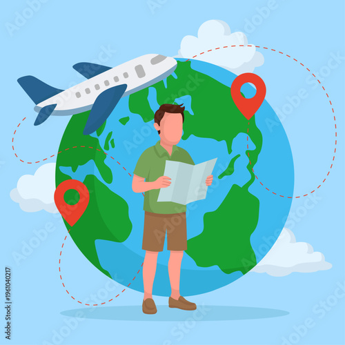 Traveler man planning trip with world map, globe and airplane, vacation journey banner