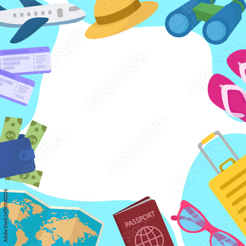 Travel and summer vacation frame background airplane, passport, world map and suitcase for holiday trip banner