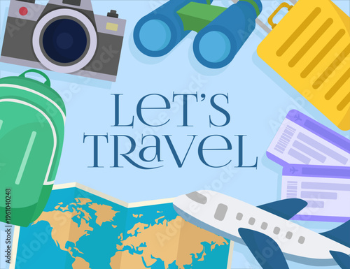 ravel and tourismbackground flat vacation elements, world map, airplane, camera and suitcase for summer holiday adventure banner