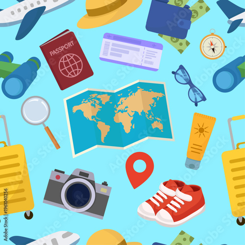 Travel and vacation pattern with flat icons, airplane, world map, camera and suitcase on blue background for summer holiday wallpaper and fabric design
