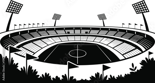 Football stadium silhouettes with arena field lights and seating isolated on white background, sports venue, soccer match, competition concept