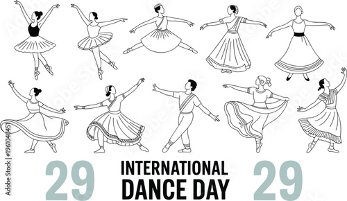 International Dance Day illustration with dancers in various styles and poses isolated on white background, celebration, culture, art, performance