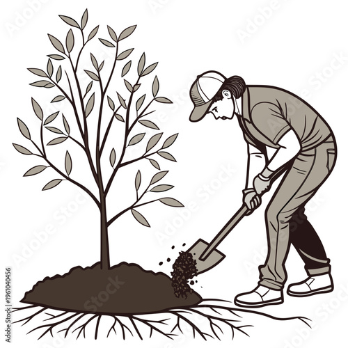 Man digging around a tree with a shovel soil