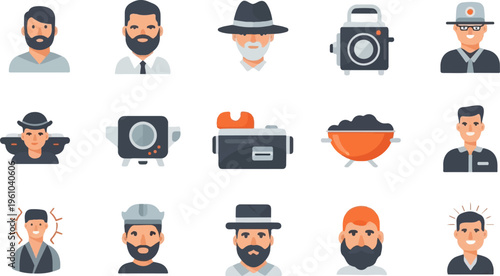 Assorted flat illustrations of men and photography equipment