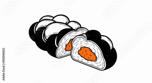 A stylized illustration of sliced maki rolls with orange filling