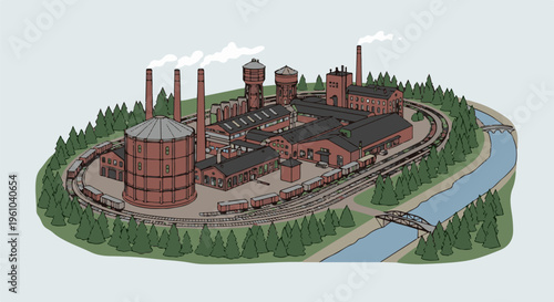 Industrial complex with trains and smokestacks by a river with trees