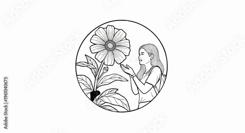 A young woman admires a large blooming flower within a circular frame