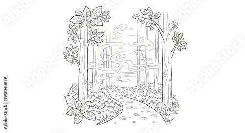 A winding path through a misty forest with tall trees