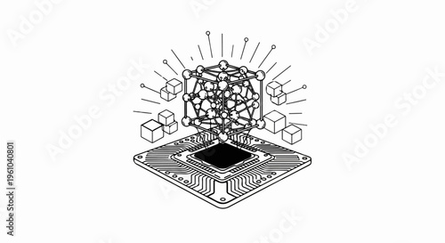 A complex geometric neural network structure emanates from a central processor