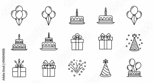 A collection of icons representing celebration elements like balloons, cakes, gifts, party hats and fireworks