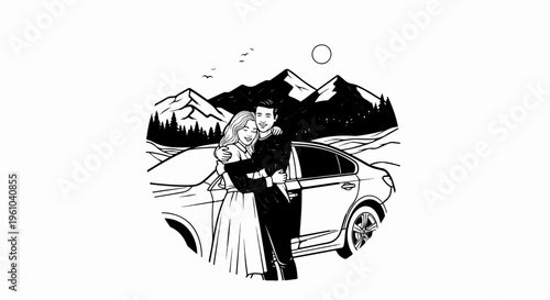 A couple embraces next to a car with mountains and trees behind them