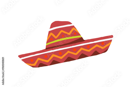 Sombrero with colourful ornament. Traditional Mexican hat for party. Mariachi clothes. Icon of Latin culture. National element of Mexico. Flat isolated vector illustration on white background.