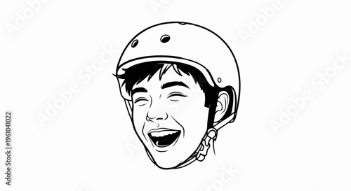 A joyous child in a protective helmet is depicted in a black and white sketch