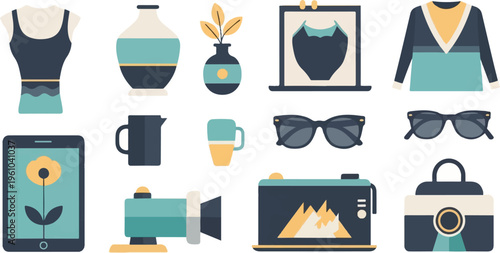 Assortment of flat design icons featuring clothing, home decor, and tech items