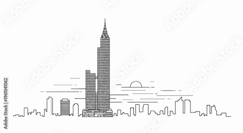 A minimalist line drawing of a city skyline at sunset, featuring a tall skyscraper
