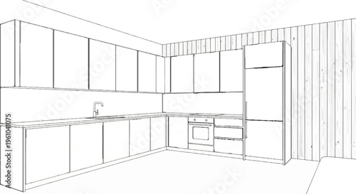 A modern, minimalist kitchen sketch with clean lines and ample storage