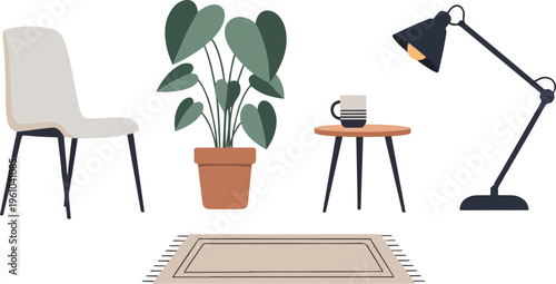 A minimalist scene with a chair, potted plant, table with mug, and floor lamp