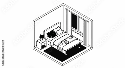 A simple isometric sketch of a bedroom with a bed and nightstand
