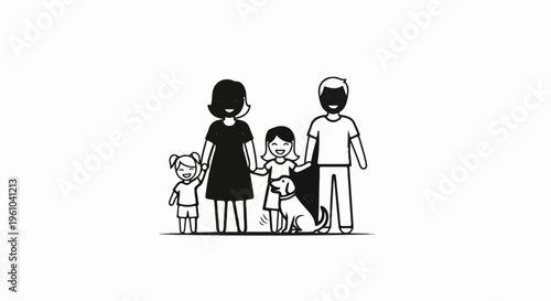 A smiling family and their dog stand together happily