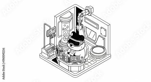 Cartoon bear in VR goggles works in futuristic science lab