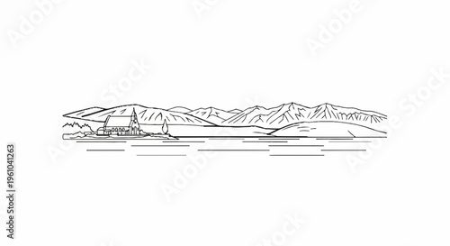 A simple line drawing of a church beside a lake with mountains behind it