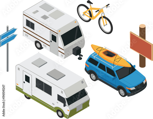 Isometric camping travel vehicles set with camper van caravan SUV bicycle kayak road trip adventure outdoor tourism vector illustration