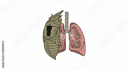 Insect shell attached to the human respiratory system, depicting illness