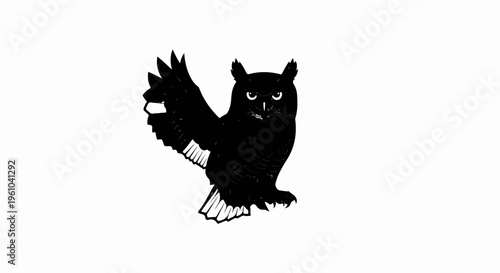 A stylized black owl with its wings spread in flight