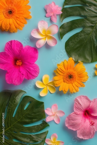 Bright tropical blooms rest on a soft blue surface