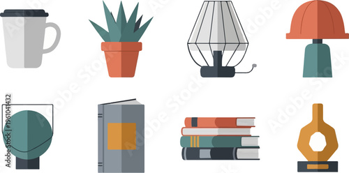 Collection of domestic items including a mug, potted plant, lamps, books, and decor