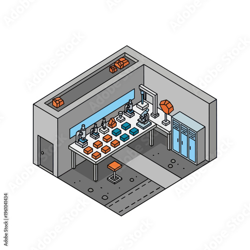 Isometric Laboratory Workspace with Equipment and Samples.