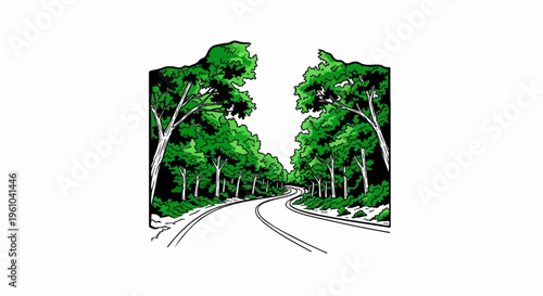 A winding, two-lane road curves through a dense forest with lush green trees