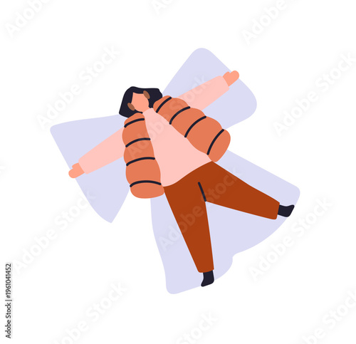 Happy girl makes snow angel at Christmas. Overhead of woman in outerwear lying in snowdrift has fun. Tiny person plays outdoors in winter. Flat isolated vector illustration on white background.