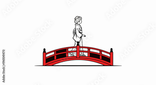 A woman in a traditional kimono walks across a vibrant red arched bridge