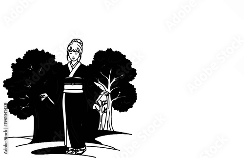 A woman in traditional dress stands between two trees with a parasol