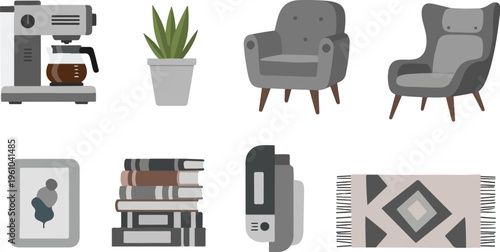 Cozy home decor items coffee maker, chairs, plant, books, art, and rug