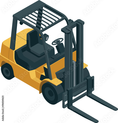 Isometric yellow forklift truck, industrial warehouse equipment cargo handling vehicle logistics transportation lifting machine vector illustration isolated on background