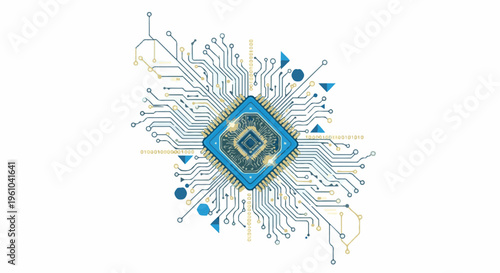 Intricate digital circuit board with central processor and radiating lines