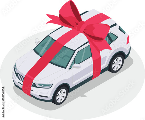 Isometric white SUV with red ribbon gift bow, luxury car present concept celebration purchase surprise holiday automobile vector illustration