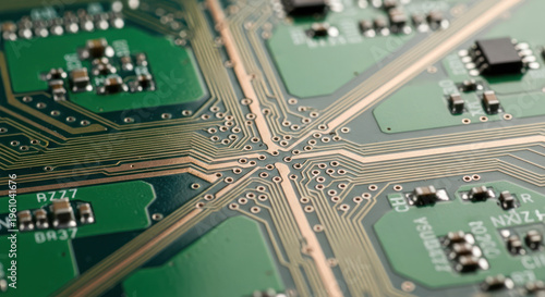 Close-up of a green circuit board with copper pathways and electronic components.