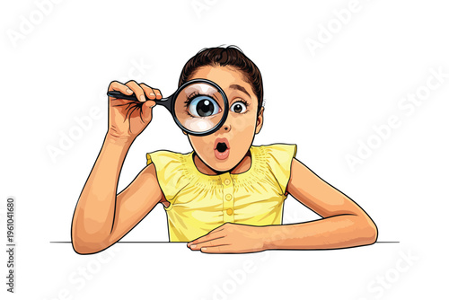 Young girl examines her eye closely vector illustration
