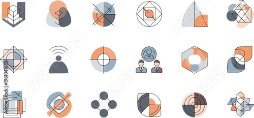 Abstract geometric icons with muted color palette and rough texture
