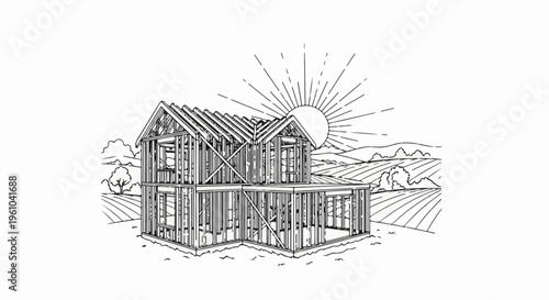 House framing under a bright sun rising over rolling fields