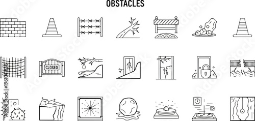 Collection of simple line art icons depicting various obstacles and barriers